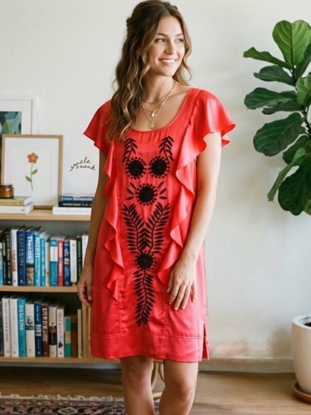 Uncle Frank Red Satin Embroidered Boho Ruffle Shift Dress Medium
